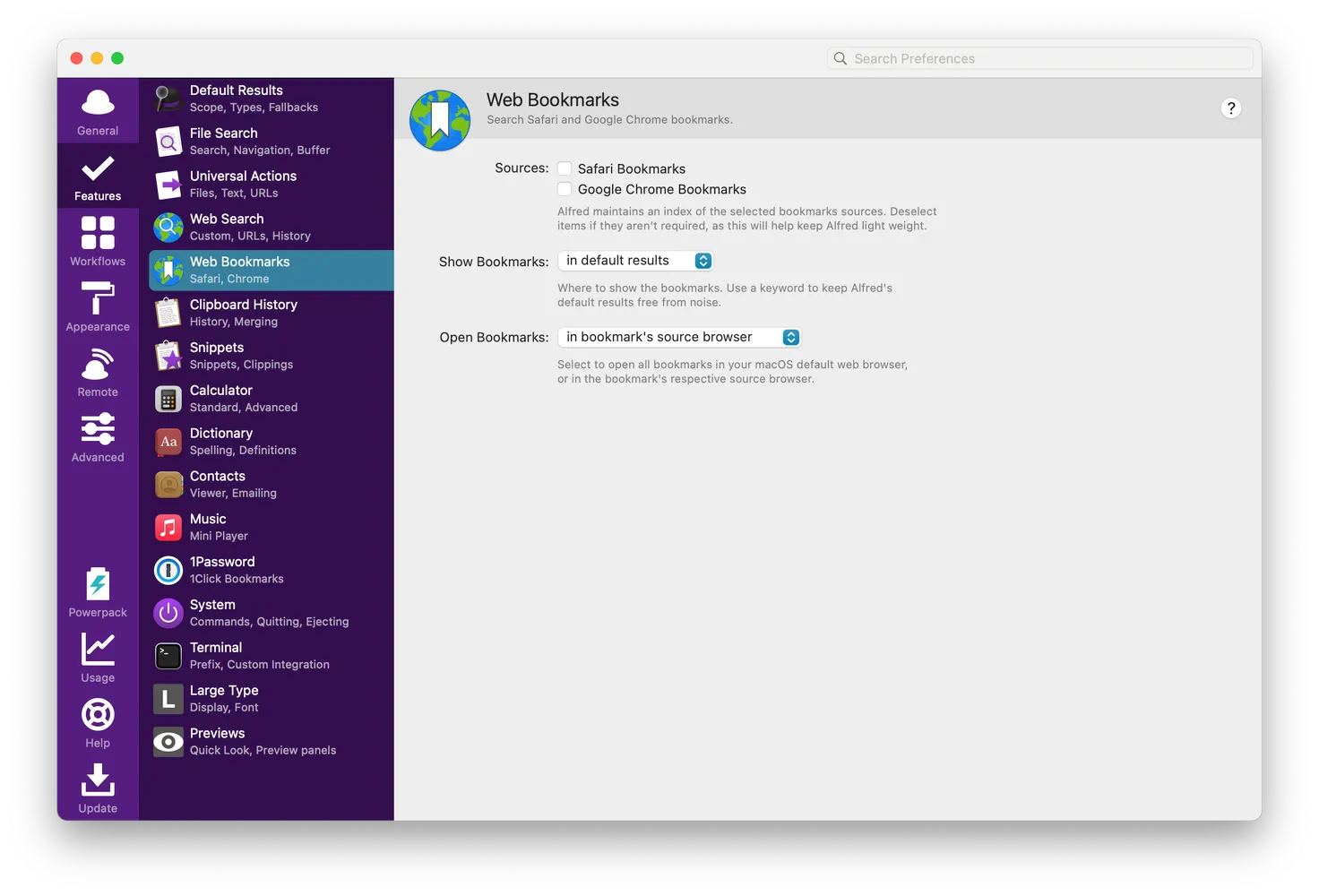 Alfred bookmark settings