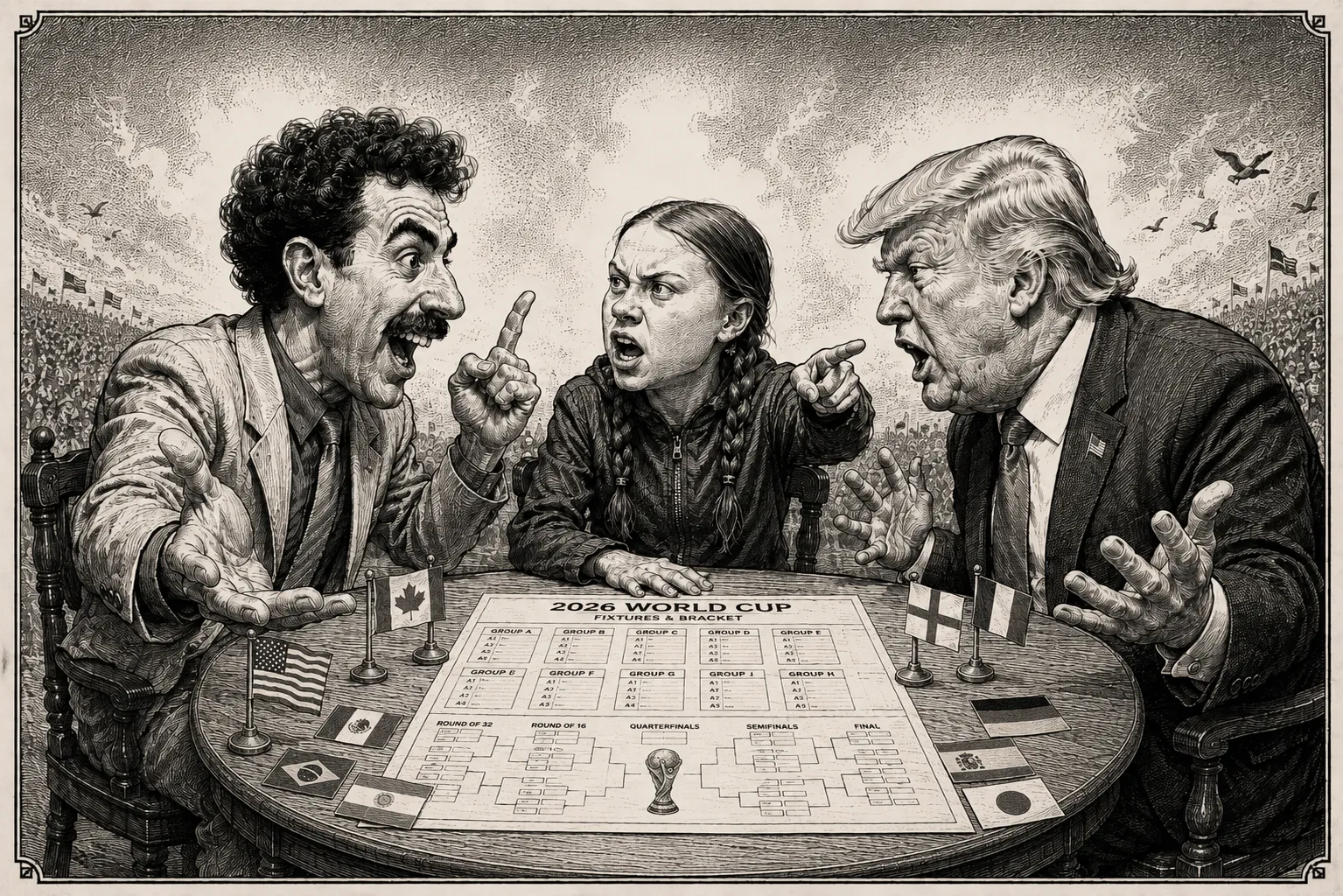 Borat, Greta and Trump as Claude Code agents arguing about world cup 2026