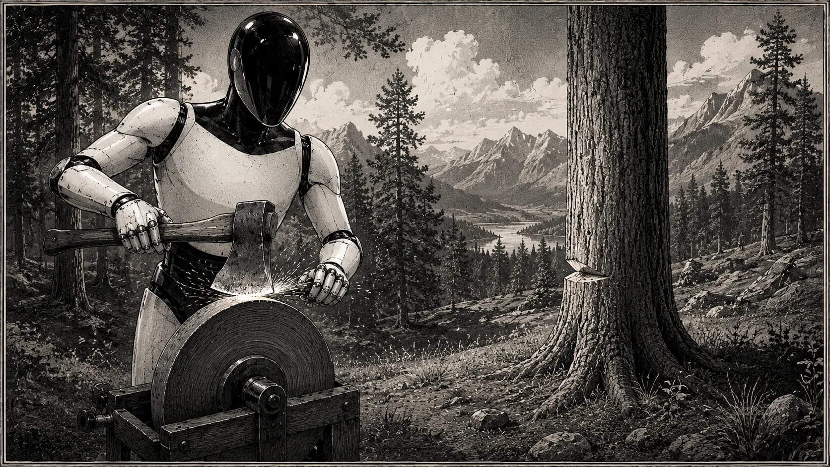 A robot sharpening an axe on a grindstone