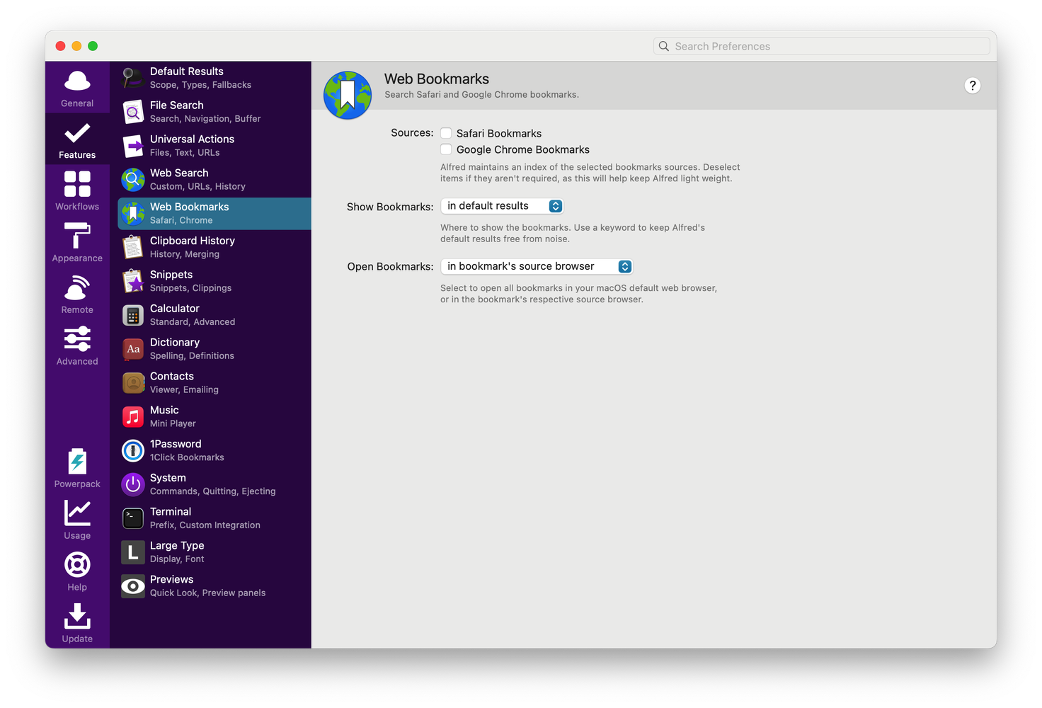Alfred bookmark settings